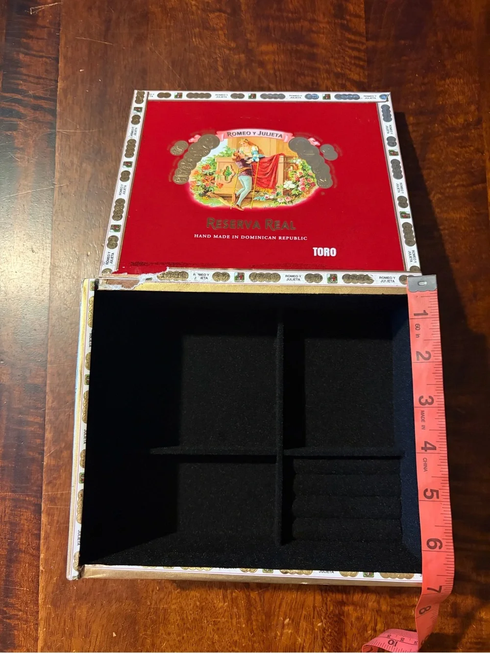 Upcycled Romeo y Julieta Reserva Real Toro Cigar Box Jewelry Organizer Black Red